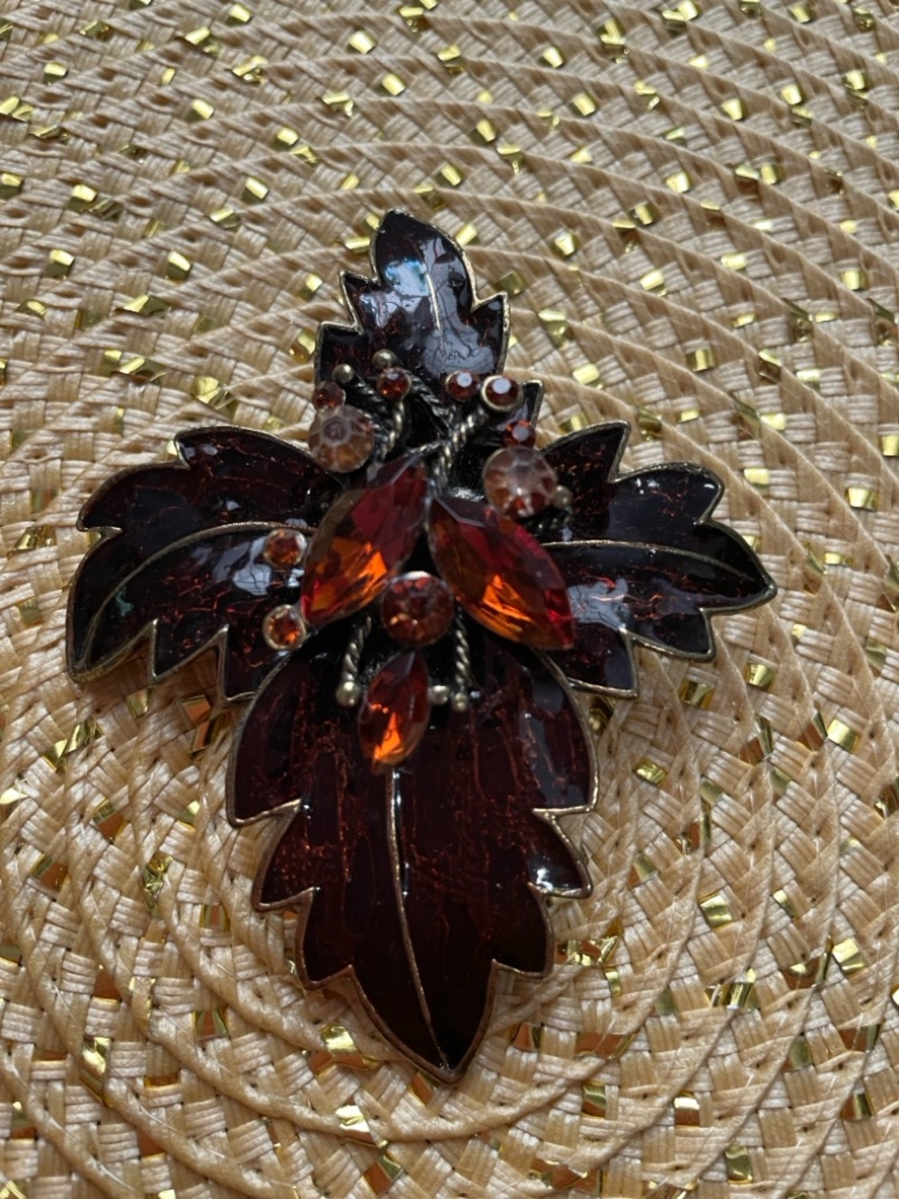Leaf design vintage pendant embellished with pretty fall colored jewels